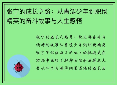 张宁的成长之路：从青涩少年到职场精英的奋斗故事与人生感悟
